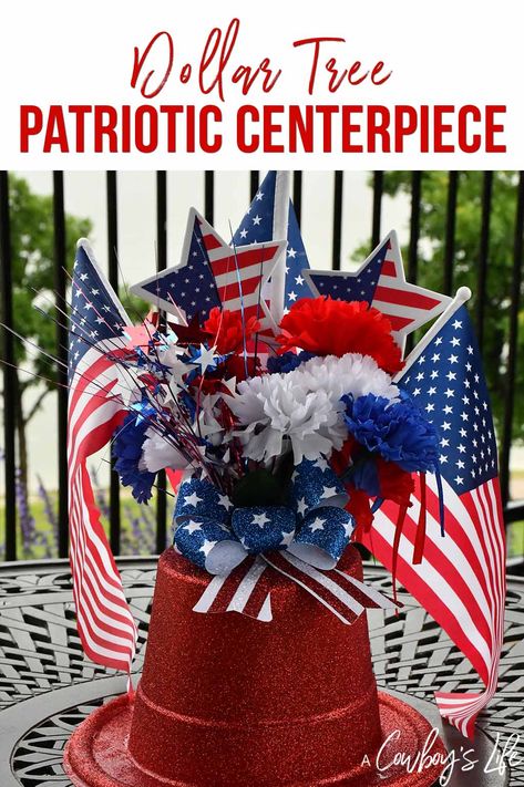 Dollar Tree Patriotic Centerpiece | 4th of July | 4th of July crafts | Independence Day | Patriotic Crafts #4thofJuly #festivecrafts #homecrafts Dollar Tree Patriotic Crafts, Decor Celebration, Patriotic Crafts Diy, 4th Of July Crafts, Dollar Tree Centerpieces, Patriotic Centerpieces, Memorial Day Decorations, 13 Colonies, Fourth Of July Decorations