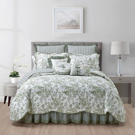 Bring an aristocratic French feel to your bedroom with the classic styling of the Toile Garden bedding collection. The popularity of toile dates back to the 1700s.Floral toile print reverses to stripesScalloped edge with contrast bindingAll-over vermicelli quiltingWashableEuro shams, pillow shams, bedskirt, accent pillows and window coverings sold separately.Features: Reversible, ScallopedQuilt Style: PrintedBed Size: KingMeasurements: 90 Length/Inches, 104 Width/InchesBase Material: 100% CottonFilling Content: 100% NofillingCare: Machine WashDecor Styles: TraditionalBed Cover Type: QuiltsCountry of Origin: Imported Green Toile Bedding, Green King Bedding, Green Quilt Bedding, Green And White Bedding, Sage Green Home Decor, Sage Bedroom, Throw Blanket Couch, Country Bedrooms, Toile Bedding