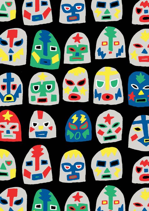 Minakani for Ottod'Ame #minakani #ottodame #mask #catch #luchalibre #faces #pattern #allover Masks Illustration, Postcard Design Inspiration, Mexico Tattoo, Mask Illustration, Masks Pattern, Mexican Wrestling, Mexican Mask, Mask Pattern, Graphic Design Fonts