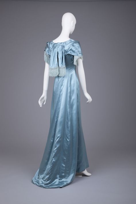 Historical Dress - Evening Dress, 1905-1915 Blue Satin Evening Dress,... Embroidery On Net, Edwardian Era Dress, Art Nouveau Dress, Edwardian Gowns, Satin Evening Dress, Fashion Timeline, Velvet Evening Dress, Evening Wear Dresses, 1910s Fashion