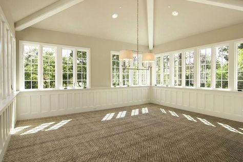 Suzie: Sunroom with vaulted ceiling, crisp white board and batten walls, cafe au lait paint ... Transitional Style Living Room, Wainscoting Wall, Transitional Exterior, Houston Interior Designers, Houston Real Estate, Board And Batten Wall, Empty Room, Transitional Living Rooms, Transitional Decor