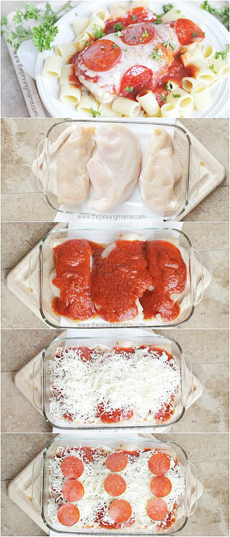 Only 4 ingredients and the kids will love this dinner recipe!  Easy Pizza Chicken Bake from thepinningmama.com Pizza Chicken Bake, Trendy Recipes, Pizza Chicken, Chicken Bake, Easy Pizza, Idee Pasto Sano, Baked Chicken Recipes, Dinner Recipe, Pizza Recipes