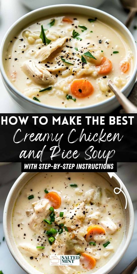 Creamy chicken and rice soup made in 30 minutes. Enjoy a homemade soup with tender chicken and hearty vegetables. Perfect for a cozy dinner. Creamy Chicken Bacon Rice Soup, Weight Watchers Creamy Chicken Soup, Crockpot Creamy Chicken Rice Soup, Hearty Chicken And Rice Soup, Cream Of Chicken Vegetable Soup, Soup With Chicken Healthy, Best Chicken And Rice Soup Recipe, Cream Of Chicken Rice Soup Recipes, Low Calorie Chicken And Rice Soup