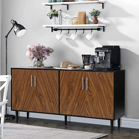 Coffee Bar Credenza, Credenza Bar Ideas, Buffet Cabinet Coffee Bar, Coffee Bar Living Room, Coffee Bar Mid Century Modern, Buffet Cabinet Cafe, Coffee Bar Furniture Black, Credenza Coffee Bar, Coffee Sideboard