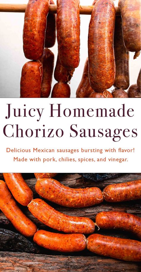 INGREDIENTS
CLASSIC CHORIZO
1 kg ground pork grounded twice in the machine of your butcher
200 g pork back fat, grounded
5 tbsp white vinegar
1 ancho chili
2 guajillo chili
1.5 tsp paprika
1 tsp vegetable oil
2 tbsp sea salt
½ tsp ground cumin
¼ tsp ground black pepper
1 tbsp mexican oregano
a pinch of clove
¼ tsp cinnamon
1 garlic, grated
6 feet small hog casings

APPLE SAGE MAPLE SYRUP BREAKFAST SAUSAGES
… find the recipe on the link provided. Chorizo Recipes Mexican, Mexican Sausage, Homemade Chorizo, Mexican Chorizo, Chorizo Recipes, Recipe Mexican, Homemade Mexican, Sage Sausage, Sausage Recipe