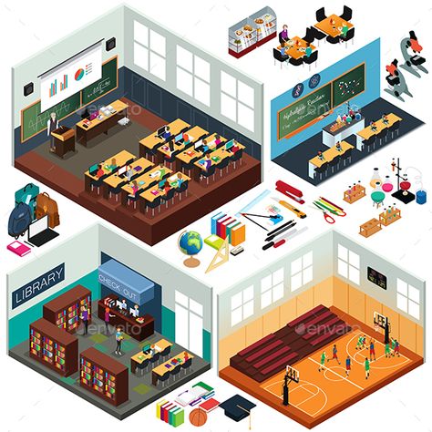 Isometric Design of School Buildings and Classrooms School Illustration Building, School Building Illustration, Preschool Room Layout, School Reception, School Buildings, Hanbok Traditional, Preschool Rooms, Smart School, Isometric Drawing