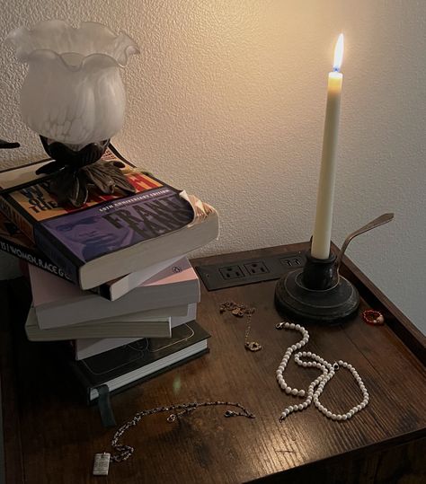 Bedside Tables Aesthetic, Bedside Table With Books, Book Bedside Table Aesthetic, Bed Messy Aesthetic, Messy Bedside Table, Journaling In Bed Aesthetic, Bed Side Table Aesthetic, Grunge Bed, Messy Bedside Table Aesthetic