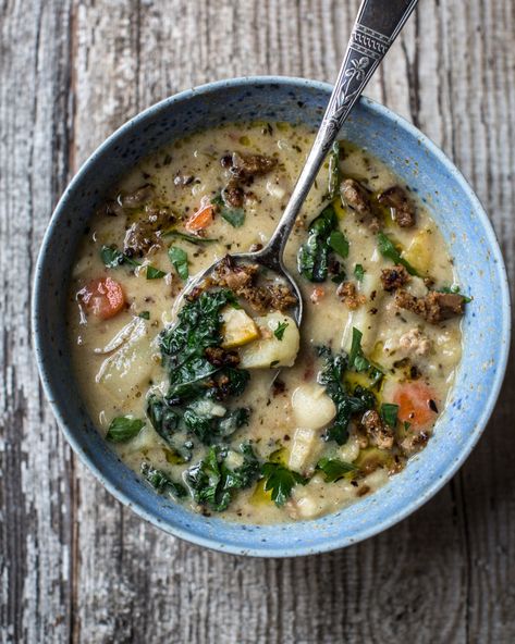 Zuppa Toscana - Mississippi Vegan Vegan Zuppa Toscana, Mississippi Vegan, Fennel Sausage, Farro Salad, Italian Soup, Vegan Sausage, Big Salad, Vegan Soups, Fresh Salsa