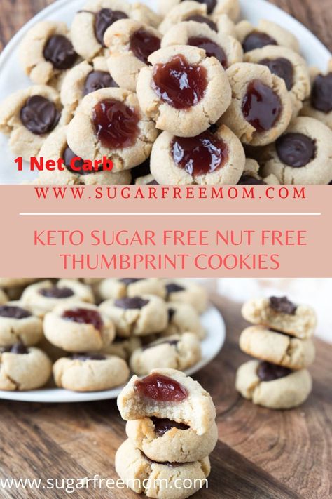 Sugar Free Keto Thumbprint Cookies (Nut Free, Gluten Free) Sugar Free Christmas Cookies, Sugar Free Strawberry Jam, Nut Free Cookies, Nut Free Desserts, Low Carb Christmas, Keto Christmas Cookies, Christmas Yummies, Christmas Eats, Sugar Free Jam