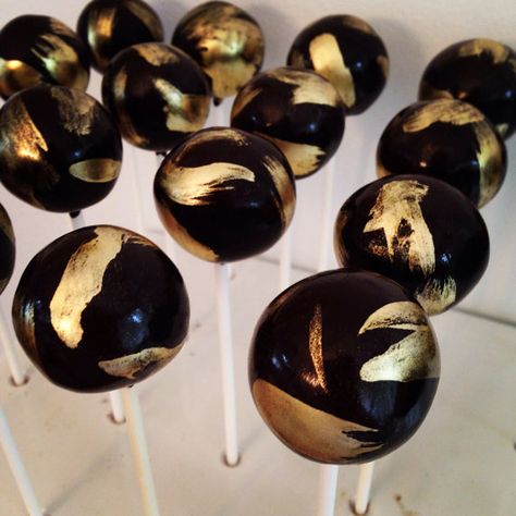 Private listing Gold painted Cake Pops Black Gold Cake Pops, Black Cake Pops With Gold, Gatsby Desserts, Black Cakepops, Black And Gold Treat Table, Black And Gold Cake Pops, Gold Brushed Cake, Gold Painted Cake, Black Cake Pops