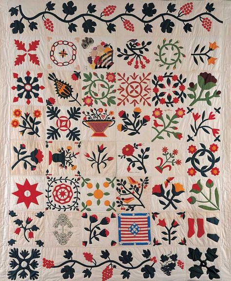 Mrs. Eldad Miller (1805–1874) and others  Cross River, New York  1861  Cotton and silk with wool embroidery  90 x 75 in.  American Folk Art Museum Quilt Drawing, Folk Art Border, Antique Embroidery, Cotton Embroidered Fabric With Folk Style, Folk Style Cotton Fabric With Embroidered Border, American Quilts Patterns, Antique Embroidery Sampler, Red Folk Style Embroidered Fabric, Vintage Samplers