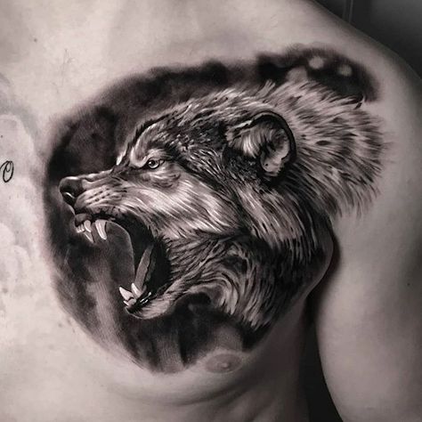 Tattoo Media Ink on Instagram: “Artist and tag by: @andrei_pac_tattoo Post by: @hpygilmore Thanks for tagging @skinart_collectors 🐺 ... #skinartmag #tattoorevuemag…” Finger Tattoos Words, V Tattoo, Wolf Tattoos Men, Tattoo Neck, Lion Head Tattoos, 4 Tattoo, Neck Tattoo For Guys, Wolf Tattoo Design, Chest Tattoo Men