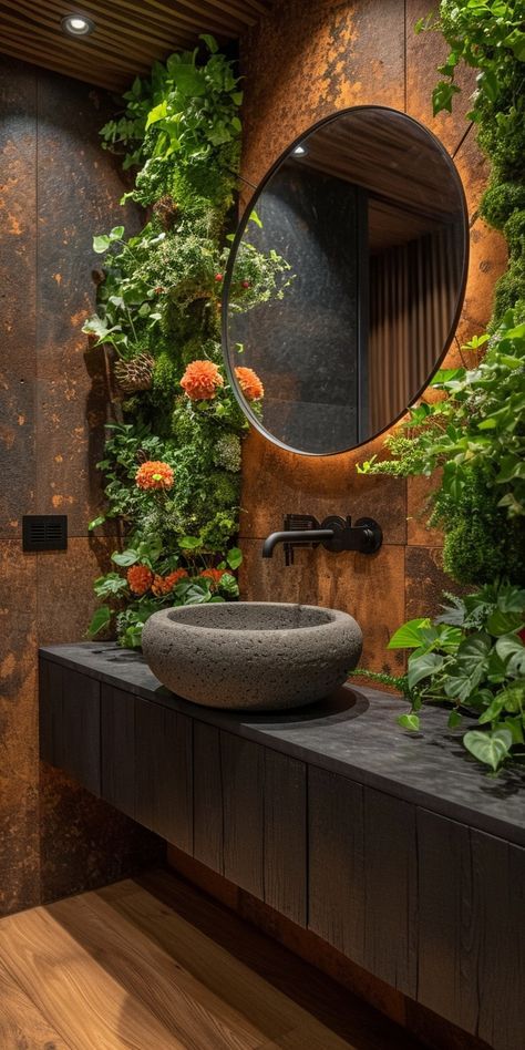 #homesweethome #homebyis #inredning #heminredningsdetaljer #home #bedroominspo #bedroomdecor #roominspiration #roomdecor #beautifulrooms #beautifulpowderrooms Reclaimed Wood Countertop, Pebble Shower Floor, Concrete Bathtub, Jungle Bathroom, Organic Modern Bathroom, Stone Accent Walls, Modern Kitchen Design Grey, Stone Bathtub, Modern Kitchen Design Black