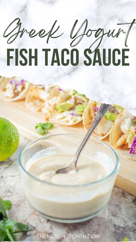 Fresh and creamy with a bit of a kick, this Greek yogurt fish taco sauce is the perfect topping for fish or shrimp tacos and more! Ready in less than 5 minutes, it is made with wholesome, simple ingredients and is packed full of flavor. Greek Yogurt Fish Taco Sauce, Greek Yogurt Taco Sauce, Healthy Fish Taco Sauce, Fish Taco Coleslaw Recipe, Fried Fish Sauce, Fish Burrito, Shrimp Taco Sauce, Taco Sauce Recipes, Low Calorie Sauces