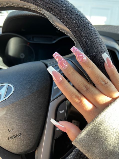 Hearts On Nails Design, Simple Classy Baddie Nails, Simple Nail Designs Square, Pink Vday Nails, Heart On Nails, Name Nails, White French Tips, Sand Nails, Pink Tip Nails