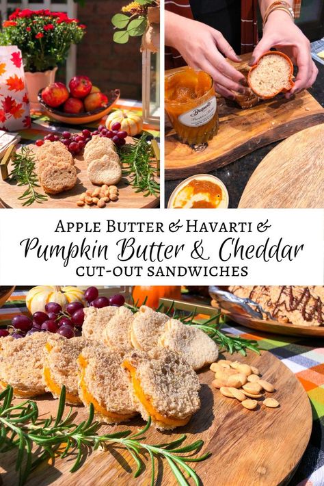 An easy Halloween lunch idea: apple buter + havarti and pumpkin butter + cheddar cut-out sandwiches! Fall Lunch Ideas, Fall Sandwiches, Fall Lunch, Halloween Lunch, Homemade Apple Butter, Recipes For Fall, Havarti Cheese, Havarti, Autumn Recipes