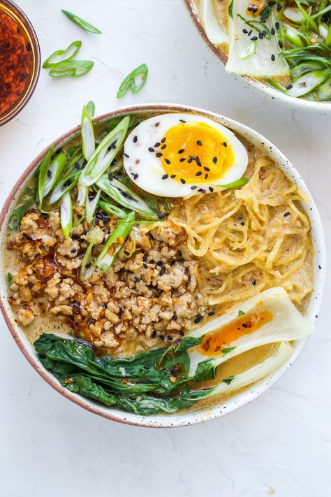 Tantanmen Ramen | Every Last Bite Spaghetti Squash Ramen, Chicken And Spaghetti Squash, Tantanmen Ramen, Chicken And Spaghetti, Spaghetti Squash Noodles, Cooking Spaghetti Squash, Squash Noodles, Scd Recipes, Tahini Paste