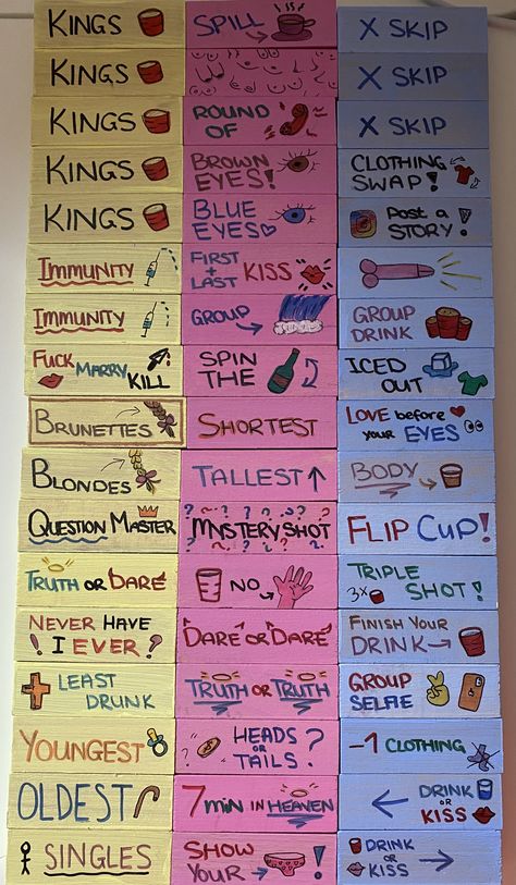 Drinking Jenga List, Drinking Card Games Alcohol Diy, Party Jenga Drinking, Drinking Card Games Diy, Jenga Drinking Game Diy, Drinking Games For Parties Diy, Drunk Card Games, Drink Jenga, Drinking Games Cards