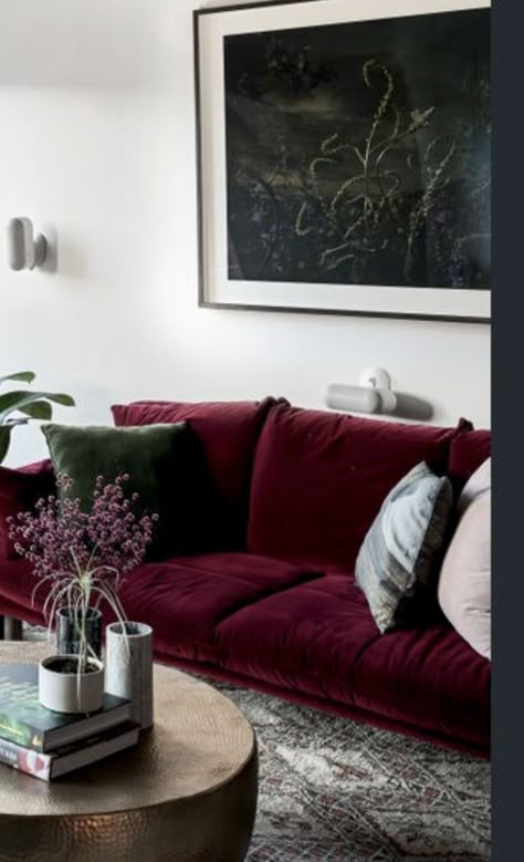 Deep Velvet Couch, Mulberry Sofa Living Room, Moody Living Room Red Couch, Living Room Burgundy Couch, Burgundy Furniture Living Room Decor, Wine Couch Living Rooms, Cranberry Sofa Living Room Ideas, Burgundy Velvet Sofa Living Room Ideas, Raspberry Sofa Living Room