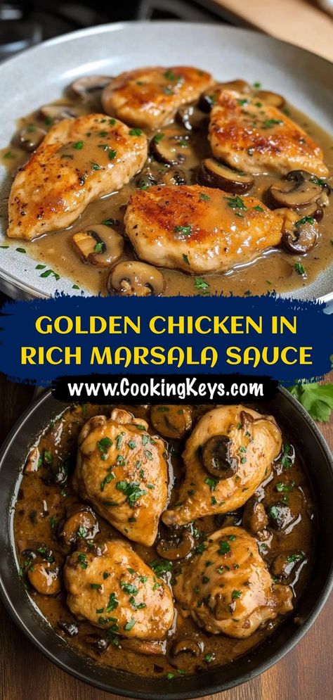 Golden chicken simmered in a rich Marsala sauce! This elegant dish is perfect for a special occasion or a cozy night in. #marsalachicken #chicken #marsala #easyrecipe #dinner #italianfood #comfortfood #elegant #delicious #sauce Chicken Marsala Recipe, Fried Chicken Cutlets, Marsala Sauce, Golden Chicken, Pan Fried Chicken, How To Cook Mushrooms, Chicken Marsala, Wine Sauce, Chicken Cutlets