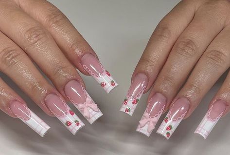 Pearl Nails Gel, Short Pink Acrylic Nails, Acrylics Aesthetic, Nails Pink Acrylic, Strawberry Coquette, Acrylic Nails Pink, Girly Acrylic Nails, Cute Acrylic Nail Designs, Simple Acrylic Nails