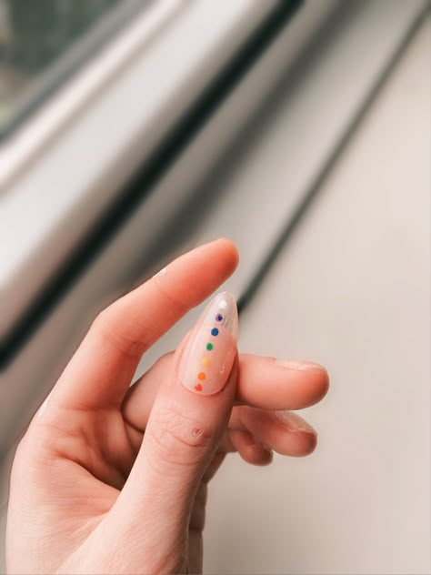 Nail Design Dots And Lines, Almond Nails Dot Design, Rainbow Dots Nails, Minimalist Pride Nail Art, Almond Nails Dots, Almond Nails With Dots, Yoga Nail Art, Chakra Nails Designs, Nail Inspo Dots