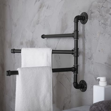 Masculine Bathroom Decor, Pipe Towel Rack, Pipe Towel Bar, Toallero Ideas, Masculine Bathroom, Bar Rack, Industrial Bathroom, Towel Holder Bathroom, Black Towels