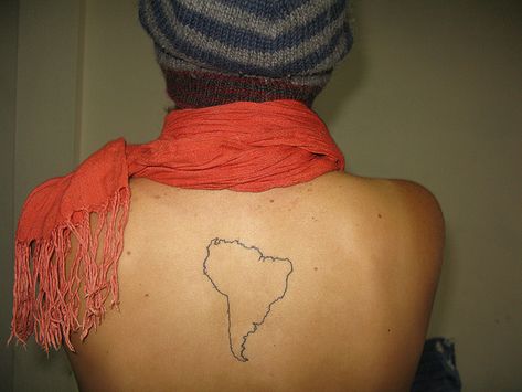 South America map tattoo - I want this with a heart over Valparaiso South America Map Tattoo, America Outline, Peru Map, Map Tattoo, Wrap Around Tattoo, South America Map, Map Tattoos, American Tattoos, City Photos