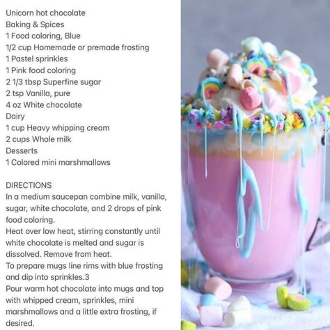 Unicorn Hot Chocolate Recipe Unicorn Hot Chocolate Recipe, Valentines Drinks, Unicorn Hot Chocolate, Valentine Drinks, Blue Frosting, Milk Dessert, Hot Chocolate Recipe, Pink Food Coloring, Chocolate Recipe