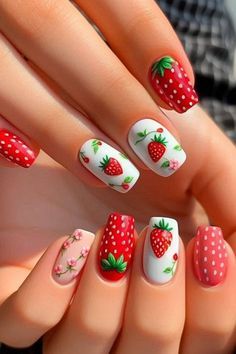 Fun Simple Summer Nails Short, Fruit Toe Nail Designs, Summer Gnome Nails, Summer Fruit Nail Art, Simple Strawberry Nails, Strawberry Nail Ideas, Sweet Nails Designs, Summer Nails Strawberry, Spring Fingernails