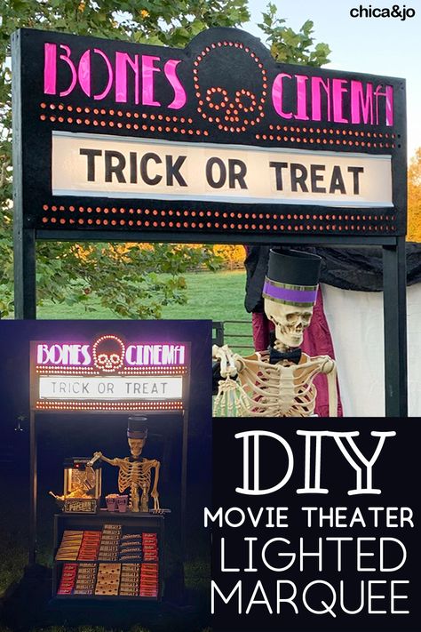 Halloween Marquee Sign, Movie Theatre Trunk Or Treat, Haunted Movie Theater Party, Outdoor Movie Theater Ideas, Diy Cinema Sign, Old Fashioned Movie Theater, Movie Theater Trunk Or Treat Ideas, Fancy Movie Theater, Diy Marquee Sign