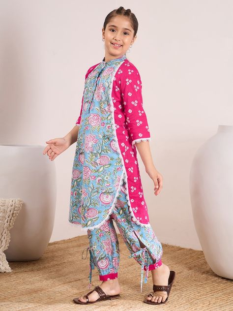 Girls Ethnic Motifs Printed Regular Pure Cotton Kurta With Palazzos Category - Ethnic Wear Type - Kurta Set Color - Magenta Fabric - Cotton Kurtis Embroidery Design, Girl Ethnic Wear Children, Baby Girl Kurta Design, Children Clothes Design, Kids Kurti Girls Design, Kids Wear Girls Fashion, Kurta For Kids, Pink Sharara, Magenta Fabric