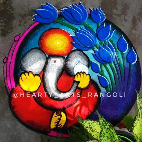 Rangoli Designs For Ganesha Festival, Ganesh Rangoli Designs Latest, Ganapati Rangoli Designs Latest, Ganpati Poster Rangoli, Ganpati Rangoli Designs Latest Unique, Ganesha Rangoli Design Beautiful, Ganesh Rangoli Creative, Vagh Baras Rangoli, Ganpati Rangoli Designs Latest