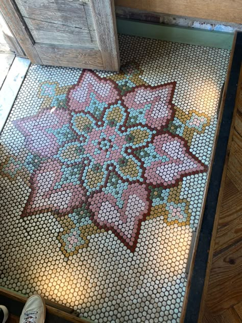 Hexagon Tile Entry, Cool Tile Patterns, Mosaic Floor Tile Entryway, Penny Tile Entryway, Mosaic Floor Pattern, Mosaic Entryway, Hexagon Tile Pattern, Entry Floor, Floor Mosaic