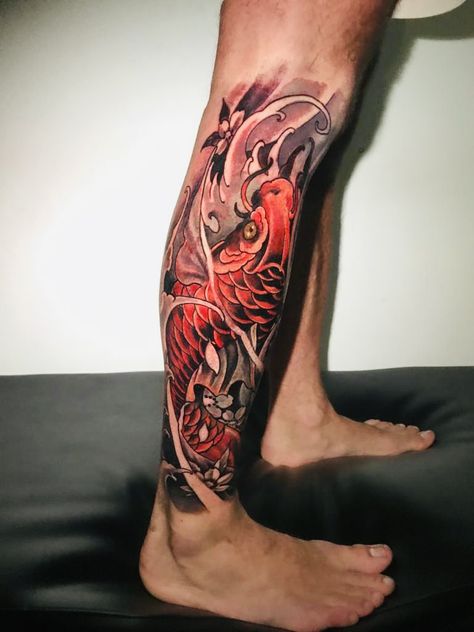 Calf tattoo, koi fish, colour, b&w, oriental design Koi Leg Tattoo Men, Koi Fish Tattoo Calf, Koi Fish Calf Tattoo Men, Leg Tattoo Koi Fish, Koi Fish Leg Tattoo, Koi Fish Japanese Tattoo, Japanese Koi Leg Sleeve, Coy Fish Tattoos, Koi Fish Japanese