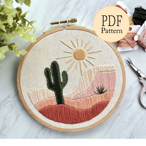 PDF embroidery pattern, Desert Mountain embroidery pattern, step-by-step pdf pattern, beginner embroidery pattern pdf, DIY embroidery by ThreadsInZen on Etsy Mountain Embroidery Pattern, Desert Embroidery, Mountain Embroidery, Truck Topper, Pdf Embroidery Pattern, Hand Embroidery Ideas, Cactus Embroidery, Embroidered Wall Art, Gift Embroidery