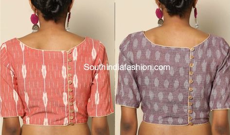 blouse designs with buttons on back Close Neck Blouse Designs, Plain Cotton Saree, Neck Blouse Designs, Choli Blouse Design, Blouse Back Neck, Patch Work Blouse Designs, Blouse Designs High Neck, Cotton Saree Blouse Designs, Blouse Designs Catalogue