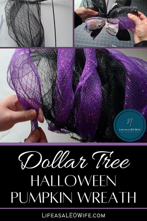 Making a Halloween wreath using black & purple deco mesh & a Dollar Tree pumpkin wreath form. Diy Pumpkin Wire Wreath, Dollar Tree Metal Pumpkin Wreath, Halloween Mesh Wreaths Dollar Tree, Halloween Mesh Wreaths Diy, Mesh Pumpkin Wreath Diy, Diy Dollar Tree Halloween Wreath, How To Make A Mesh Wreath, How To Make A Halloween Wreath, Diy Halloween Wreath Dollar Tree