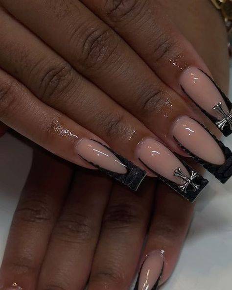 Nail Ideas Black French Tip, Black Acrylic Nails Designs Ideas, Black French Tip Nail Designs, Croc Nail Design French Tip, Black French Tip Nails Cross, Croc French Nails, Black French Tip Nails Crocodile, Black French Tip Nails With Cross Gem, Black Croc French Tip Nails