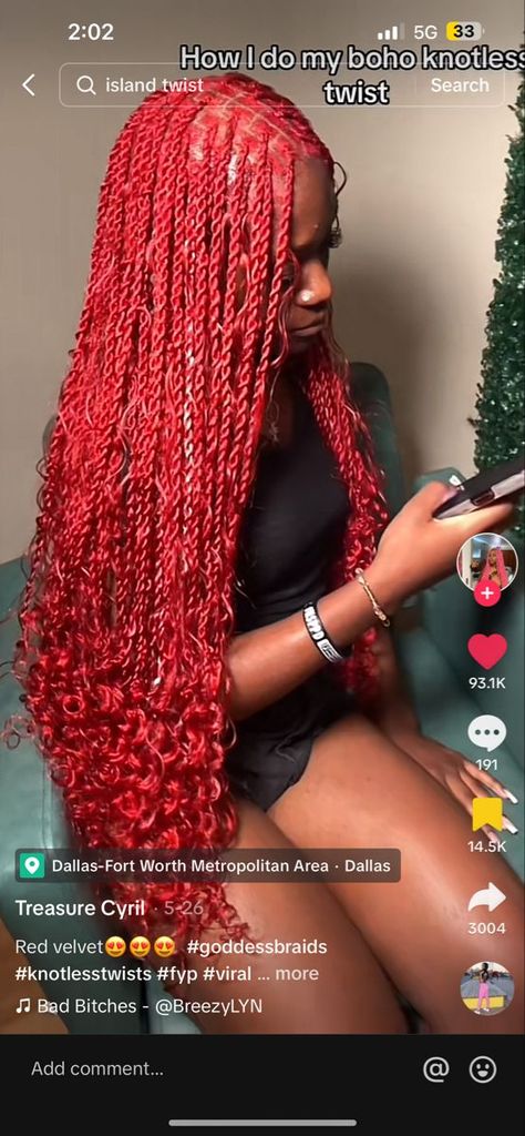 Passion Twists Hairstyle With Color Red, Red Goddess Passion Twists, Red Sengelese Twist, Red Head Hairstyles Black Women, Red Passion Twists Hairstyle Long, Red Bohemian Twist, Red Island Twist Hairstyle, Red Boho Island Twist, Red Hair Braided Hairstyles