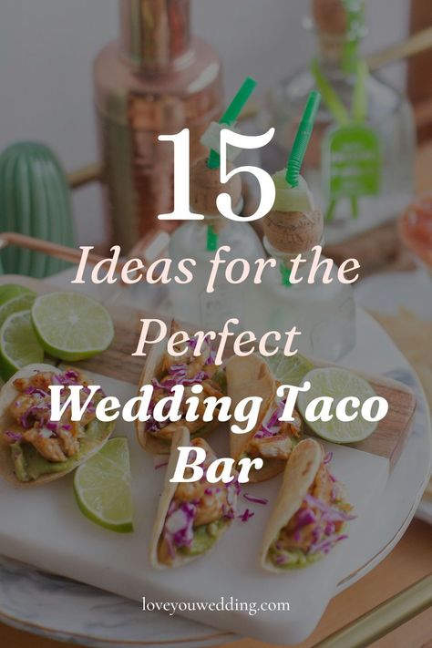 15 ideas for the best ever wedding taco bar for your wedding reception buffet. Whether you're setting up a DIY taco bar for your wedding reception buffet, rehearsal dinner, engagement party, or wedding shower, uncover tips and ideas for a flavorful celebration. Click through for 15 perfect tips and ideas for your wedding taco bar. Mexican Themed Wedding Reception Food, Wedding Food Ideas Taco Bar, Taco Bar Presentation Ideas, Taco Bar For Wedding Rehearsal, Wedding Taco Bar Ideas Rustic, Tacos For Wedding Receptions, Slider Bar Wedding Reception, Wedding Dinner Station Ideas, Wedding Rehearsal Dinner Ideas Food Mexican Fiesta