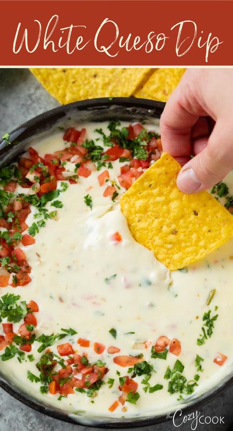 Mexican Food Dinner Party, Mexican Dinner Party, Mexican Food Recipes Appetizers, Mexican Party Food, White Queso Dip, White Queso, Cozy Cook, Mexican Appetizers, Mexican Dinner