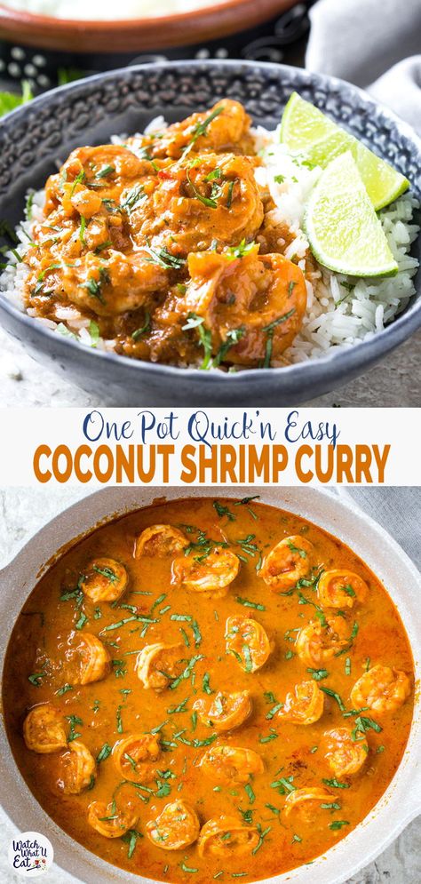 Quick and easy Coconut Shrimp Curry - Delicious shrimp cooked in coconut milk and tomato gravy. A perfect healthy recipe for lunch or busy weeknight dinner. | #watchwhatueat #shrimp #coconutcurry #curry #onepan Shrimp Curry Coconut Milk, Weeknight Recipes For Two, Recipes With Coconut Oil Dinner, Easy Dinner Recipes Pescatarian, Coconut Cream Recipes Dinner, Healthy Pescatarian Dinner Recipes, Healthy Recipes Pescatarian, Shrimp With Coconut Milk Recipes, Coconut Shrimp Meal