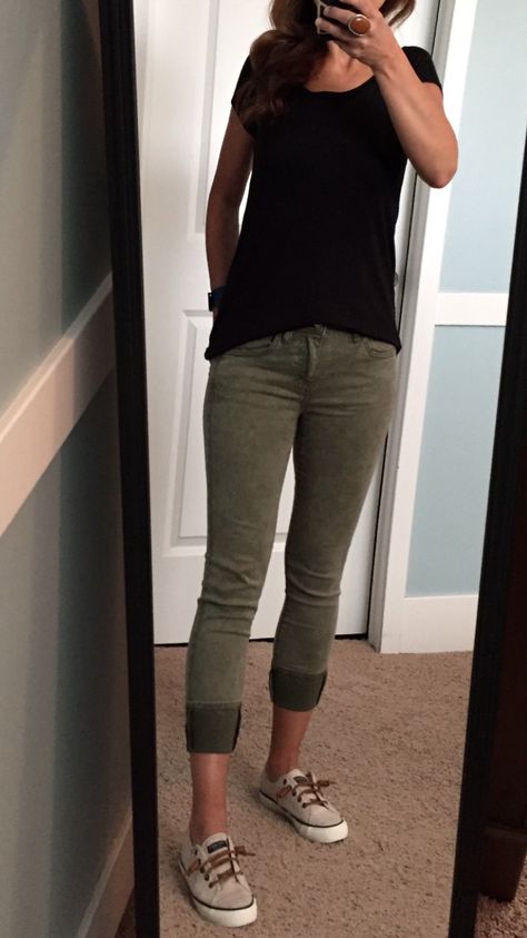 Black top, olive green capri's, Sperry Top-Sider shoes  #sperrytopsider Olive Capris Outfit, Green Capris Outfit, Sperry Sneakers Outfit, Sperry Top Sider Outfit, Outfits With Sperrys, Black Capri Outfits, Sperrys Outfit, Olive Green Shirt Outfit, Sperry Outfits