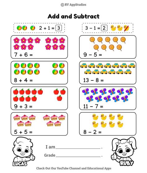 Engage kids in a vibrant world of learning! 🌟Download our free Count, Add, and Subtract worksheet for practicing counting, addition, and subtraction. 🧮 Visit our website for more free learning tools and follow us for updates on innovative kindergarten and preschool worksheets! #KidsWorksheets #KindergartenMath #AdditionAndSubtraction #MathPrintables #FreePrintables 🎉🖨️ #KidsWorksheets #KindergartenMath #AdditionAndSubtraction #MathPrintables #FreePrintables #LucasAndFriends #RVAppStudios Subtraction Borrowing, Subtraction With Regrouping Worksheets, Worksheets For Class 1, Free Printable Math Worksheets, Addition And Subtraction Worksheets, Tracing Worksheets Preschool, Subtraction Worksheets, Printable Math Worksheets, Engage Kids