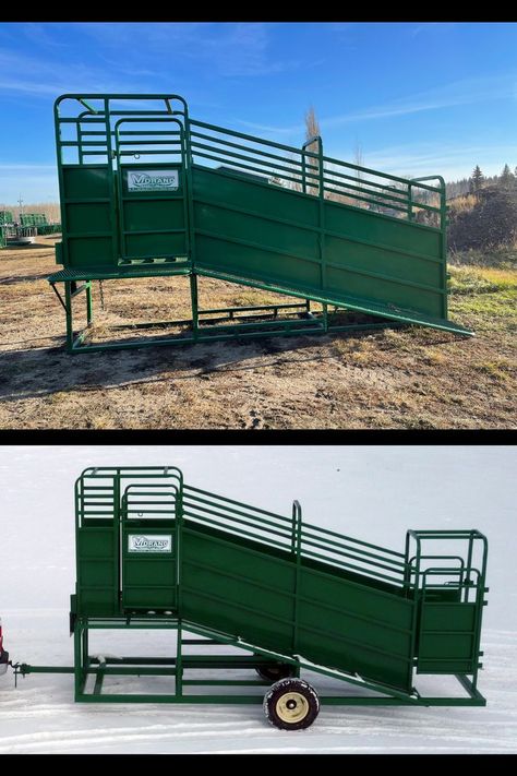 Two photos, Feed Lot Loading Chutes are designed to load animals into a cattle liner. Portable or Stationary available. 13' ramp with 5' of deck, both have a blocker door entries, built in catwalk. Cattle Loading Chute, Livestock Trailers, Loading Ramps, Goat Farming, Metal Works, Barn Ideas, Metal Words, Metal Design, Entry Doors