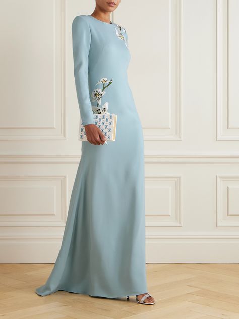 Turn heads in Oscar de la Renta's gown at your next special event. Made from 'French Blue' cady, this fishtail-hem dress is appliquéd with whimsical orchids. Complement the long sleeves with a fresh manicure. Over 50 Wedding, Dresses For Older Women, Winter Work Wear, Miss Americana, Ralph Lauren Collection, Shearling Jacket, Dress And Heels, Women Over 50, Clothes Collection