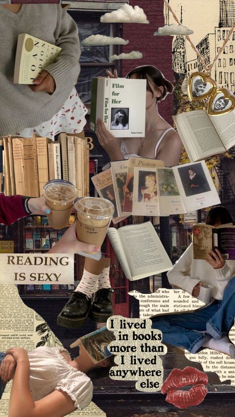 Irenecore Aesthetic, Moodboard Wallpaper Aesthetic, Cute Book Aesthetic Wallpaper, Reading Collage Wallpaper, Reading Aesthetic Collage, Books Collage Aesthetic, Iphone Wallpaper Book Aesthetic, Bookworm Moodboard, Reading Books Aesthetic Wallpaper