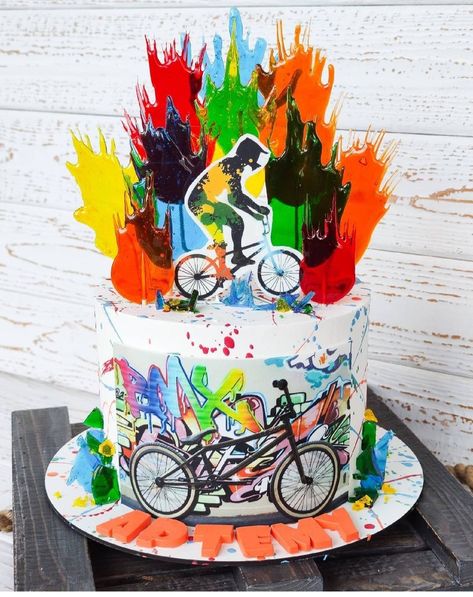 Bmx Bike Party Ideas, Bmx Birthday Party, Bmx Cake, Mountain Bike Cake, Bike Cake, Skateboard Party, Beyblade Birthday, Bike Birthday Parties, Bike Cakes