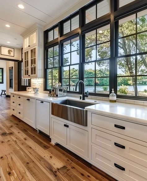 Open Windows Kitchen, Big Windows Kitchen Ideas, 3 Windows Above Kitchen Sink, Kitchen Sink Overlooking Backyard, Kitchen With Lots Of Windows Layout, Large Window In Kitchen Over Sink, Modern Farmhouse Big Windows, Kitchen With Sink By Window, Garage Kitchen Window